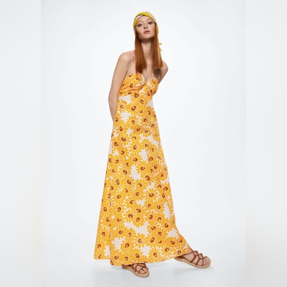 Mango Sunflower Cotton Maxi Dress Halter Sleeveless Size XL NEW NWT Boho Yellow - Picture 1 of 12